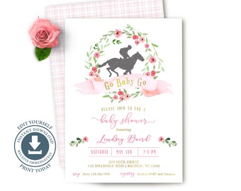 Go Baby Go Girl Baby Shower Invitation, Editable Digital, Floral Horse Race Invite, Jockey, Kentucky Derby, Simple, Modern, Pink, Gold