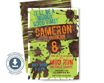 Mud Obstacle Course Birthday Party Invitation, Editable Printable, Boy Invite, Teen, Tween, Digging, Dirt, Monster Truck, Mess, Download