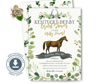 Kentucky Derby Bridal Shower Invitation, Editable Digital, Horse Invite, Greenery, Horseshoe, Birthday, Couples, Wedding Green, Gold