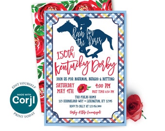 Kentucky Derby Party Invitation, Editable Digital Download, Horse Racing Party, Run For The Roses, Horse, Navy, Preppy Plaid, Country Chic