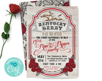 Kentucky Derby Party Invitation, Editable Digital Invite, Horse Race, Rustic, Wood, Run For the Roses, Digital Download