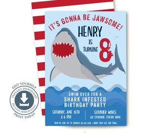 Shark Birthday Party Invitation, Editable Digital Printable, Jawsome Invite, Pool, Beach, Swimming Party, Swim Birthday