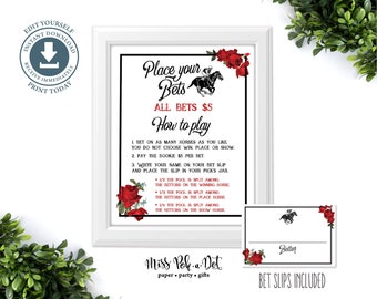 Signo de apuestas de carreras de caballos y recibos de apuestas, archivo imprimible editable, apuesta de lugar, piscina Kentucky, rosa vintage, Derby, descargar, archivo digital