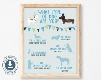 Hot Dog Bar Menu Sign, Editable Printable, Dog Birthday Party, Puppy Adoption, Boy, Blue, Green, Food, Decoration, Digital, Decor