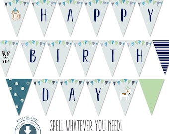 Puppy Dog Happy Birthday Party Pennant Banner, Editable Printable, Blue, Green, Boy Pawty decoration, Personalized, Paw-ty Sign