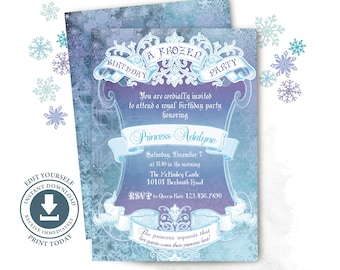 Frozen Princess Birthday Party Editable Invitation, Winter Snowflake, Ice, Queen, Digital Download, Dress Up, Tea Party, Royal Castle