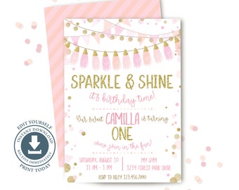 Sparkle and Shine Birthday Party Invitation, Editable Printable Template, Pink & Gold Invite, Tassel Garland, 1st, First, Confetti