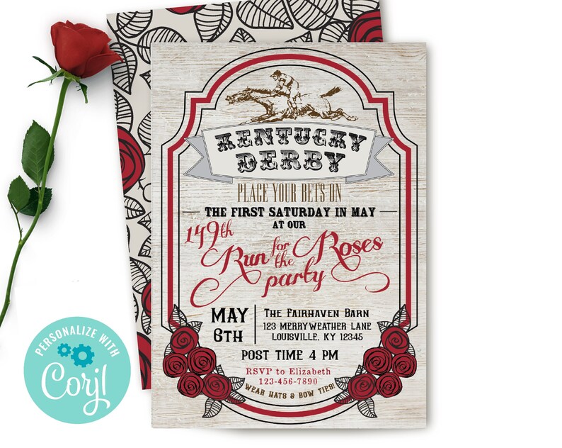 Kentucky Derby Party Invitation Editable Digital Invite Horse Race Rustic Wood Run For the Roses Digital Download