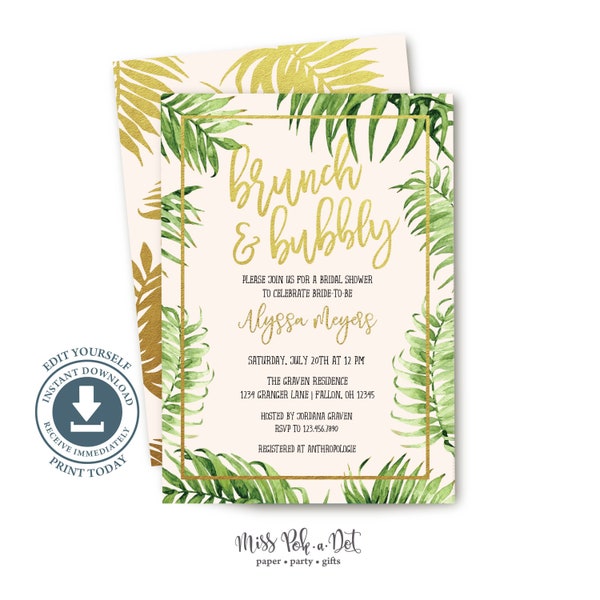 Brunch and Bubbly Bridal Shower Invitation, Editable Printable, Tropical Palm Invite, Luau, Hawaiian, Baby, Birthday, Wedding, Blush, Gold