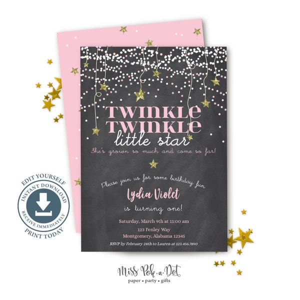 Twinkle Twinkle Little Star Birthday Party Invitation, Editable Digital File, Pink Star Invite, Pink, Gold, Confetti, Instant Download, Girl