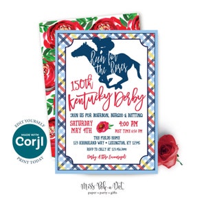 Kentucky Derby Party Invitation, Editable Digital Download, Horse Racing Party, Run For The Roses, Horse, Navy, Preppy Plaid, Country Chic