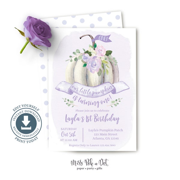 Lavender Girl Pumpkin Birthday Invitation, Editable Printable, 1st, First Invite, One, Cottage Chic, Boho, Purple, Watercolor, Bohemian