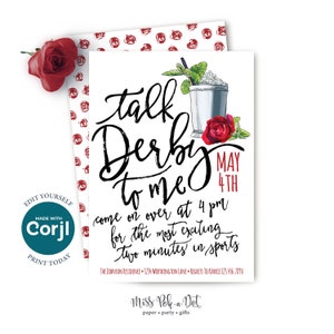 Talk Derby To Me Kentucky Derby Party Invitation, Editable Digital Download, Run for the Roses, Mint Julep, Modern, Simple, Invite