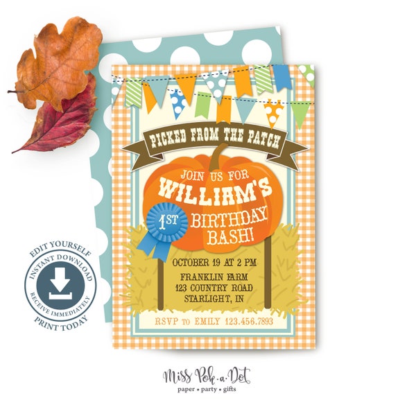 Pumpkin 1st Birthday Party Invitation, Editable Printable, First Birthday Invite, Boy Fall, Hayride, Farm, Country Fair, Pumpkin Patch