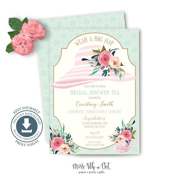 Tea Party Hat Shower Invitation, Editable Digital, Wear A Hat Invite, Bridal, Brunch, Download, Southern, Bachelorette, Derby, Cup, Template