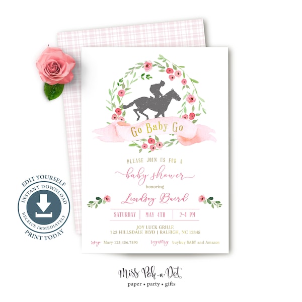 Go Baby Go Girl Baby Shower Invitation, Editable Digital, Floral Horse Race Invite, Jockey, Kentucky Derby, Simple, Modern, Pink, Gold