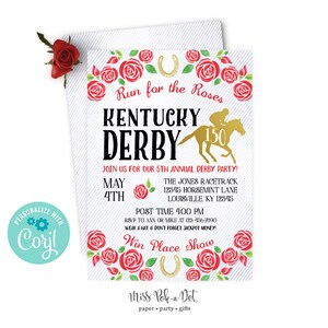 Kentucky Derby Party Invitation, Editable Digital, Horse Race Invite, Run for the Roses, Red, Gold, Horseshoe, Download