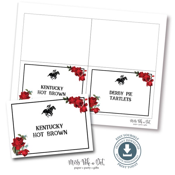 Derby Party Food Signs, Editable Printable File, Table Tents, Cards, Kentucky, Race, Vintage Rose, Red, Black, Download, Digital File