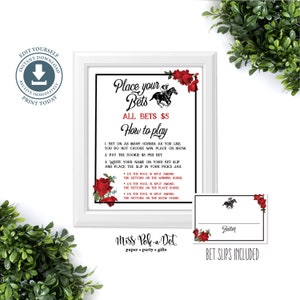 Horse Race Betting Sign and Bet Slips, Editable Printable File, Place Bet Wager, Pool Kentucky, Vintage Rose, Derby, Download, Digital File