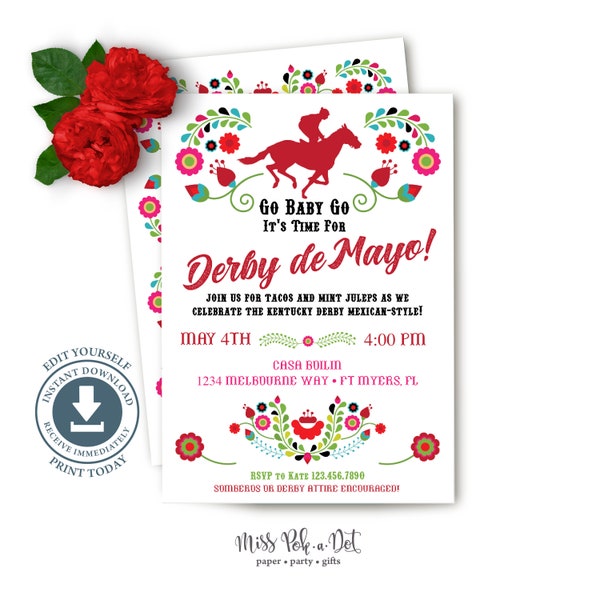 Derby de Mayo party invitation, inviter numérique modifiable, course de chevaux, Fiesta, Kentucky, téléchargement numérique