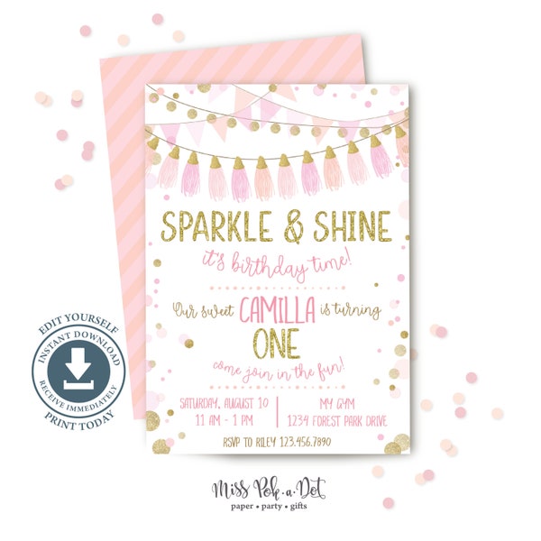 Sparkle and Shine Birthday Party Invitation, Editable Printable Template, Pink & Gold Invite, Tassel Garland, 1st, First, Confetti