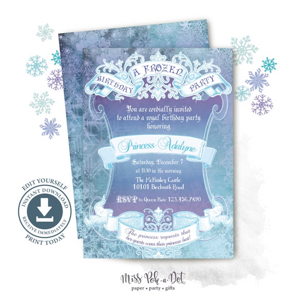 Invitation modifiable Frozen Princess Birthday Party, Winter Snowflake, Ice, Queen, Digital Download, Dress Up, Tea Party, Royal Castle