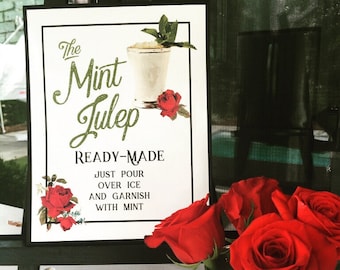 Mint Julep Party Sign, Printable, Derby Decoration, Decor, Vintage, Drink, Bar, Red Rose, Black, Instant Download, Digital, Kentucky, Recipe