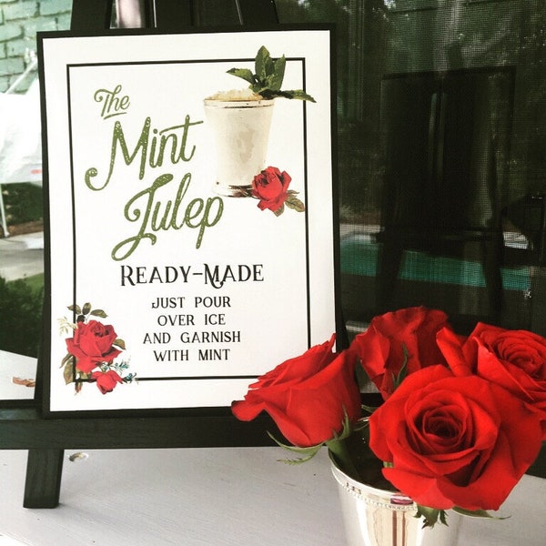 Mint Julep Party Sign, Printable, Derby Decoration, Decor, Vintage, Drink, Bar, Red Rose, Black, Instant Download, Digital, Kentucky, Recipe