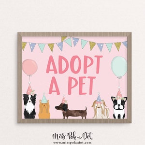 Adopt A Pet Sign, Printable, Dog Birthday Party, Puppy Adoption, Girl, Vet, Instant Download, Digital, Decor image 1