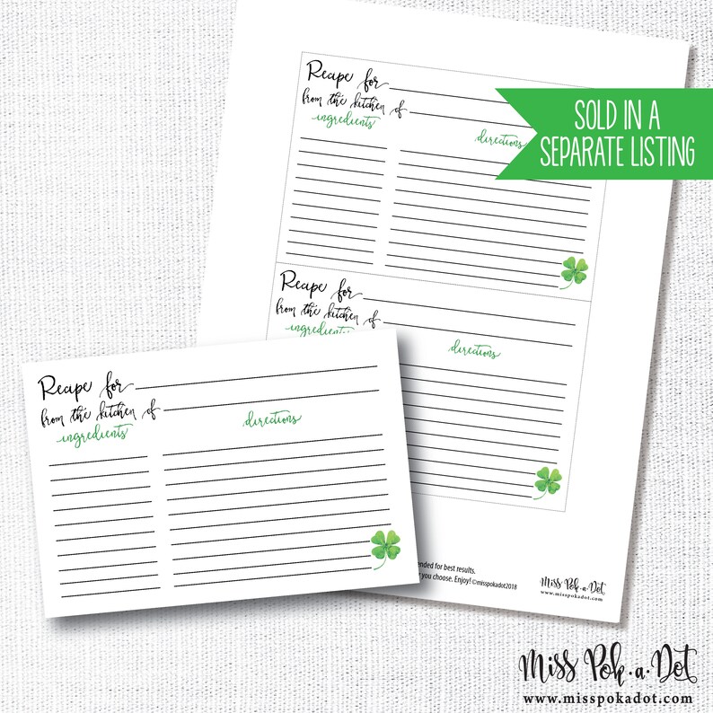 May include: White recipe cards with lined spaces for ingredients and directions. The cards feature the text "Recipe for from the kitchen of ingredients" and "directions" in a handwritten font. A green shamrock is in the corner. The text "SOLD IN A SEPARATE LISTING" is also visible.