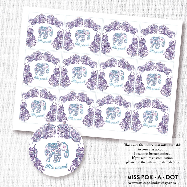 PURPLE INDIAN ELEPHANT cupcake topper sticker thank you favor tag diy instant digital download printable file paisley little peanut