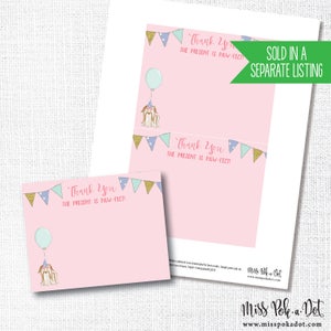 May include: Pink thank you cards with a dog illustration, a blue balloon, and gold and blue pennant banners. The text reads "Thank You, The Present is Paw-fect!" The cards are sold in a separate listing.