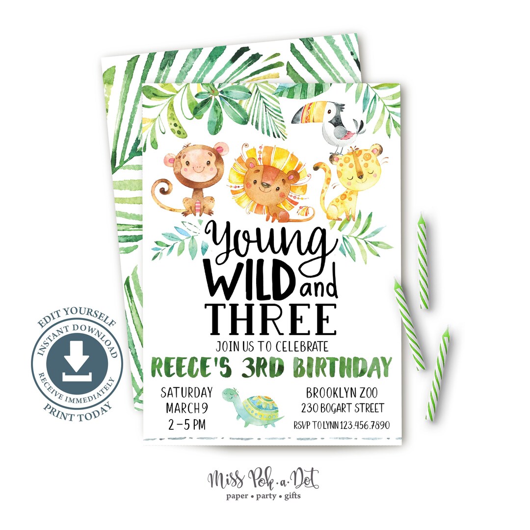 Jungle Birthday Party Invitation, Editable Instant Download, Young Wild