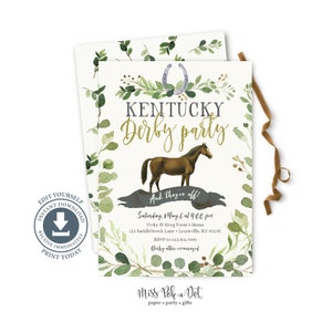 Kentucky Derby Party Invitation, Editable Digital, Horse Racing Party Invite, Greenery, Horseshoe, Watercolor, Green, Gold, Download