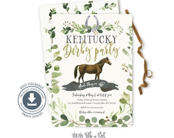 Kentucky Derby Party Invitation, Editable Digital, Horse Racing Party Invite, Greenery, Horseshoe, Watercolor, Green, Gold, Download