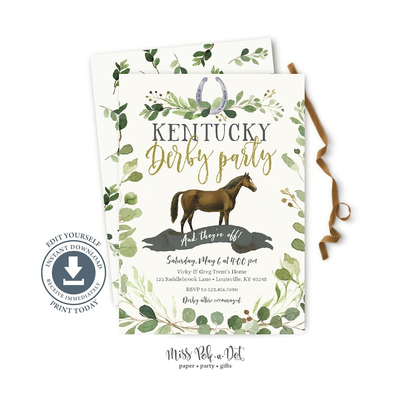 Kentucky Derby Party Invitation Editable Digital Horse Racing Party Invite Greenery Horseshoe Watercolor Green Gold Download