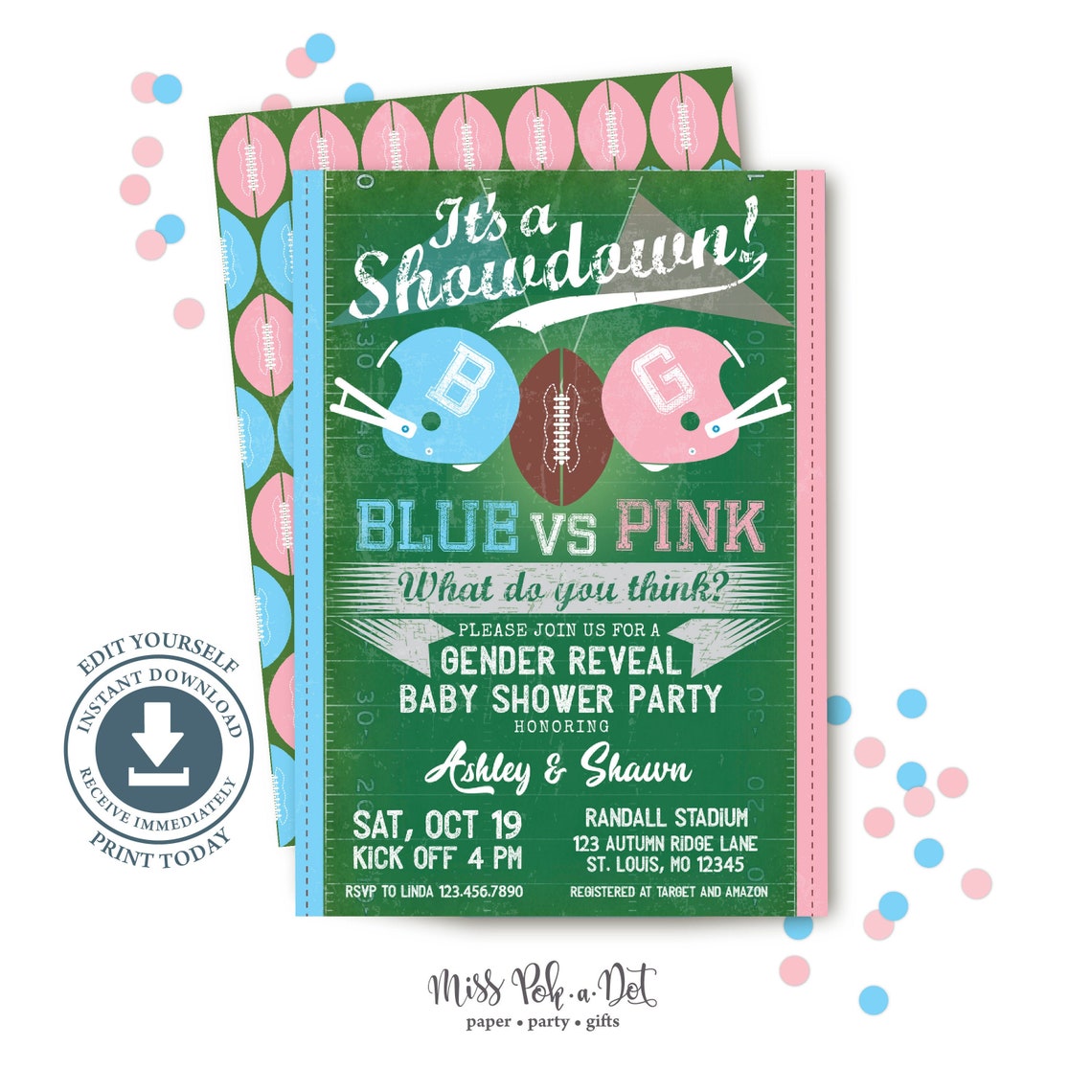Football Gender Reveal Party Invitation Editable Printable Etsy