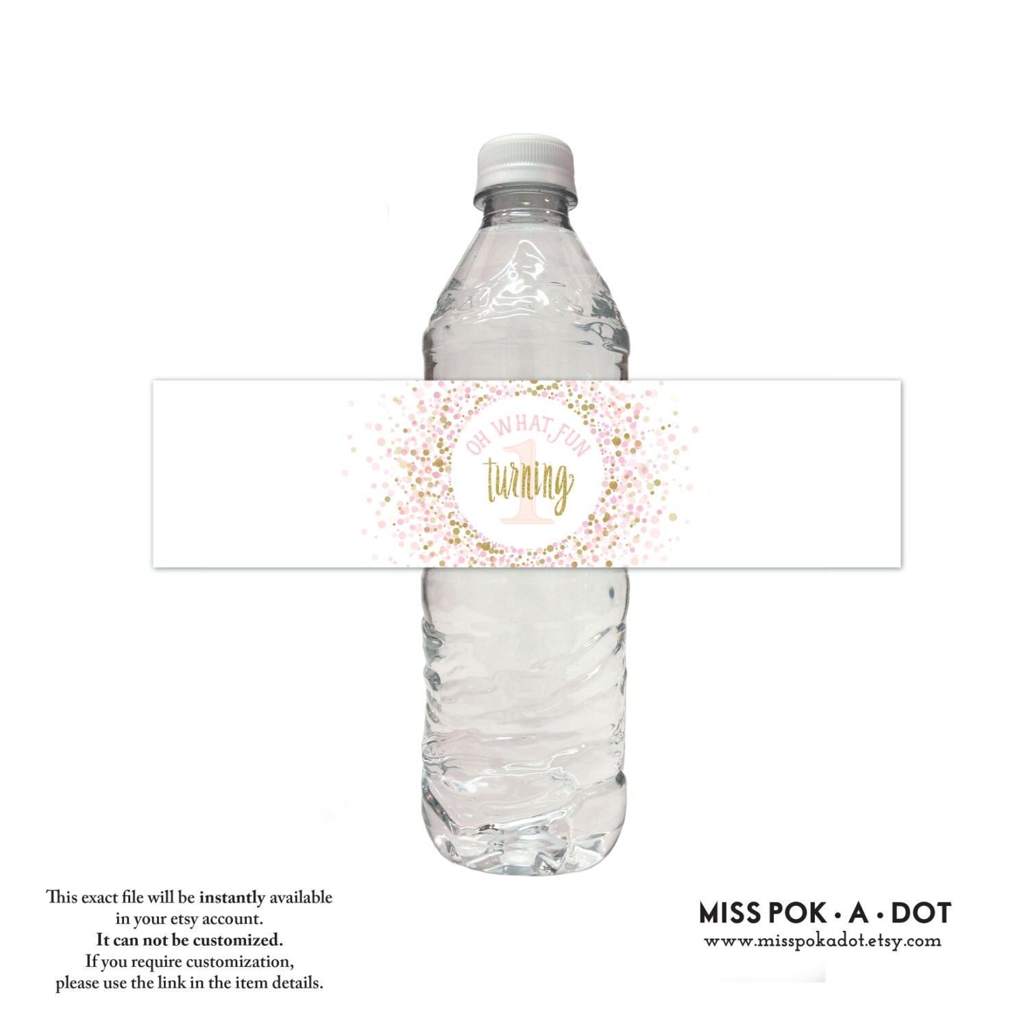 Pink and Gold 1st birthday Water Bottle Label, Printable, Digital Wrap, Sticker, First Confetti, Sprinkle, Blush, Girl, Drink