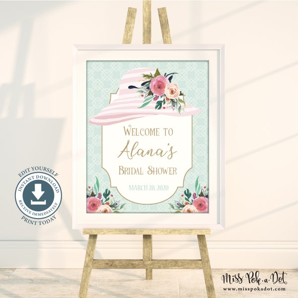 Hat Bridal Shower Custom Welcome Sign, Editable Printable, Tea Party, Derby, Southern, Luncheon, Party Decor, Wedding