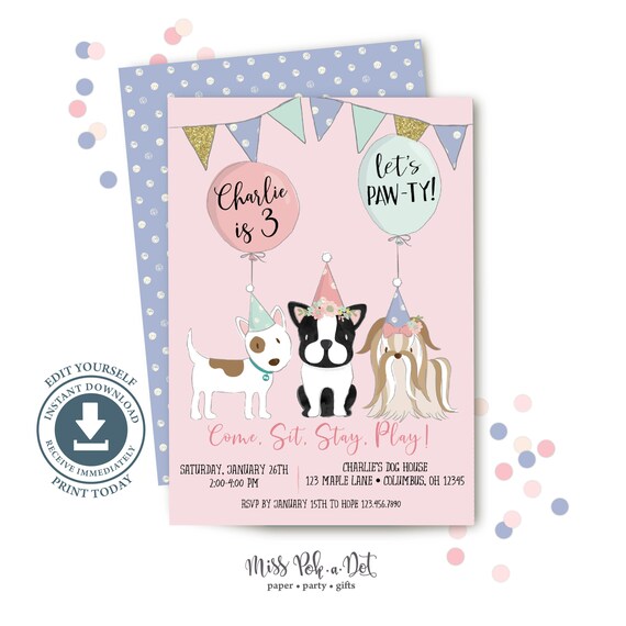 Dog Birthday Party Invitation, Editable Printable Puppy Invite.