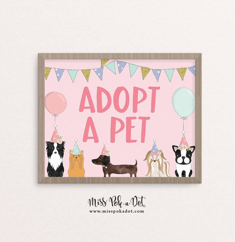 Adopt A Pet Sign, Printable, Dog Birthday Party, Puppy Adoption, Girl, Vet, Instant Download, Digital, Decor image 1