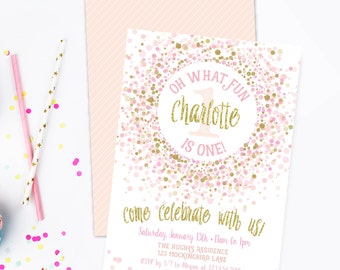 Pink and Gold Birthday Party Invitation, Prints, 1st Birthday Invite, First, Pink Gold Confetti, Sprinkles, Glitter, Girl, 2nd, 3rd,Printed