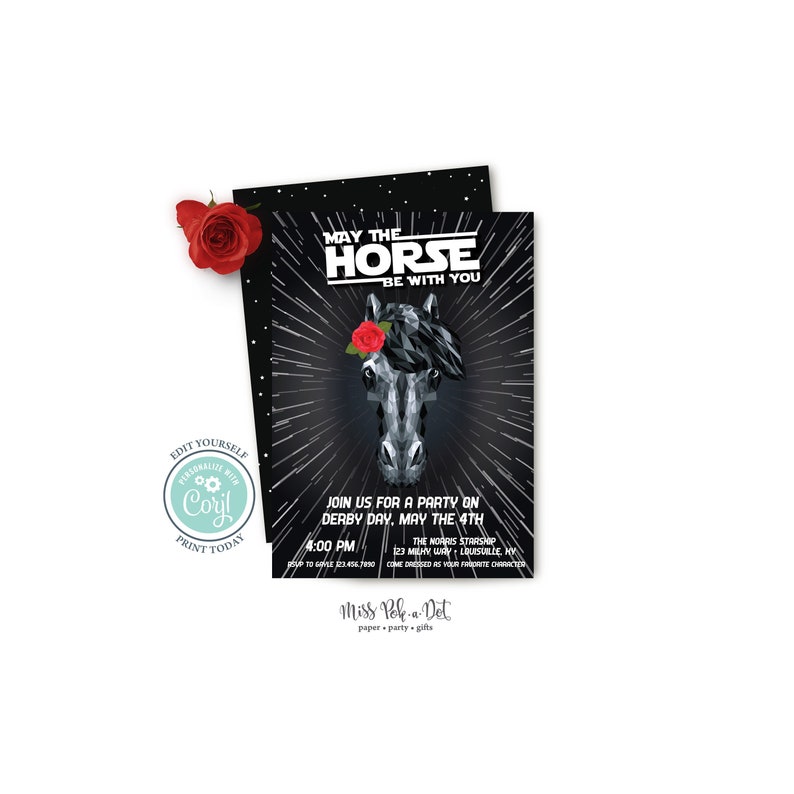 May the Fourth Derby Party Invitation, Editable Digital, Horse Racing Party Invite, Space, Futurist, Black, White, Red image 1