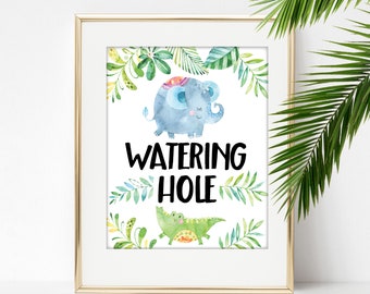 Jungle Safari Party Watering Hole Sign, Digital Printable, Birthday, Young Wild and Three, One, Zoo, Animal, Decoration, Decor, Drinks, Bar