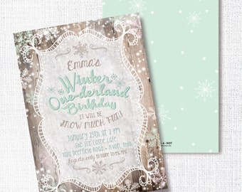 Winter Onederland Birthday Invitation, Printable, 1st Birthday Invite, First, Winter, Rustic, One-derland, Snowflake, Wonderland, Mint
