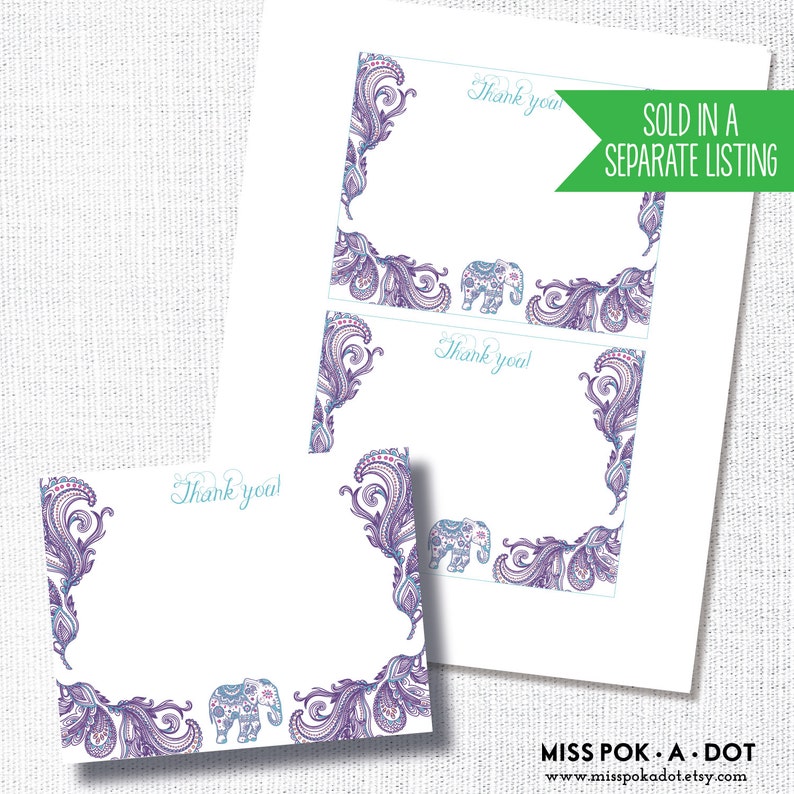 PURPLE INDIAN ELEPHANT cupcake topper sticker thank you favor tag diy instant digital download printable file paisley little peanut