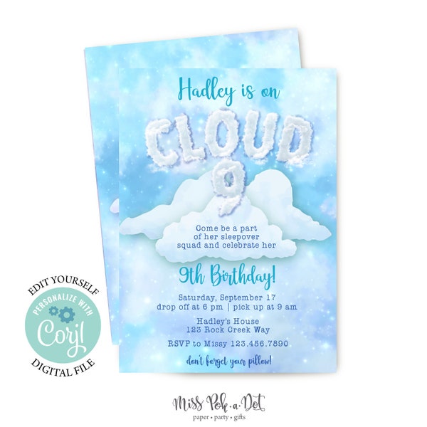 Editable Cloud 9 Sleepover Invitation Invite 9th Birthday Party Printable Corjl Template Download