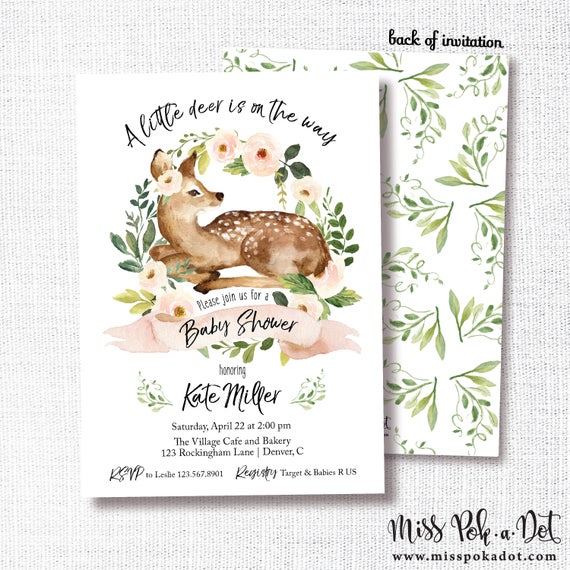 Greenery Woodland Watercolor Natural Modern Little Deer Baby Shower Invitation Pink Floral Wreath Girl Shower Invite Simple Prints