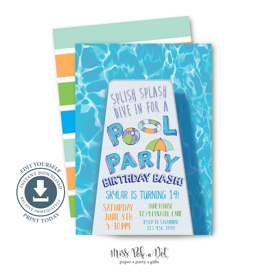 Pool Party Invitation Editable Printable Swim Birthday Party Etsy