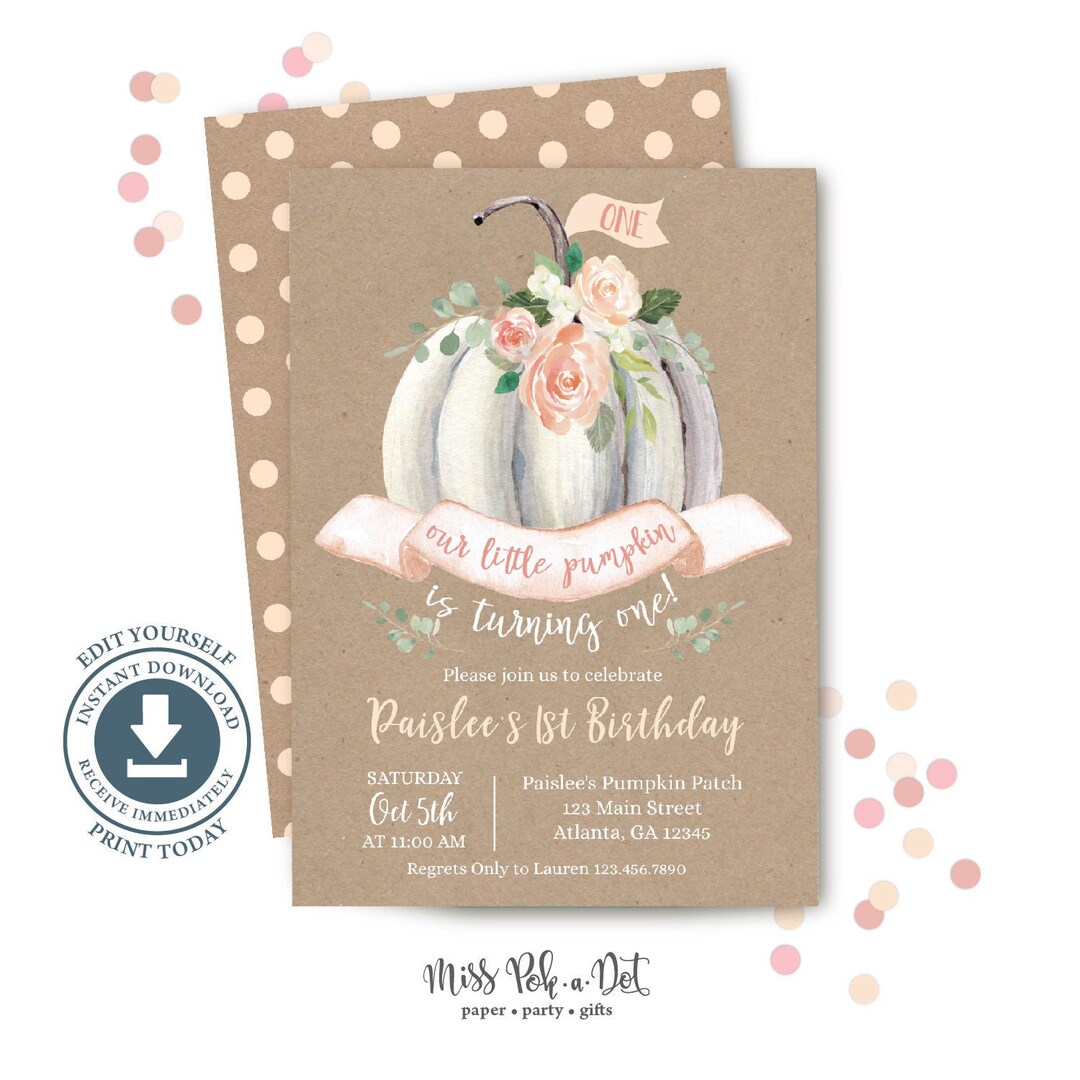 Little Pumpkin is One Birthday Invitation, Editable Printable, Girl 1st Birthday Invite Template ...
